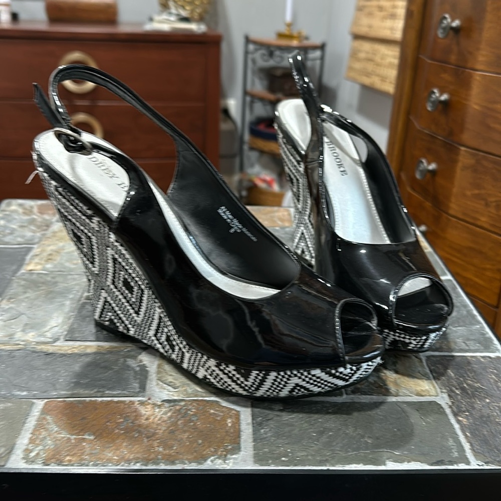 Audrey Brooke black patent leather platform wedge